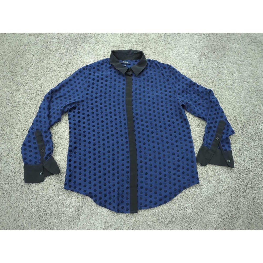 Madewell Button Up Shirt Womens L‎ Blue Polka Dot Textured Sheer Classic